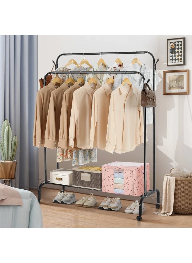 Happy Home Heavy-Duty Garment Rack with Wheels and Double Hangers, 35Kg Load Capacity, Side Hooks and Bottom Shelf for Shoes & Bags, Rust-Resistant Sturdy Metal Design, Perfect for Bedroom, Living Room, Hallway, or Balcony, Ideal for Clothes Organization and Drying, Dimensions: W 102 cm × D 39.8 cm × H 122–142 cm - Image 3